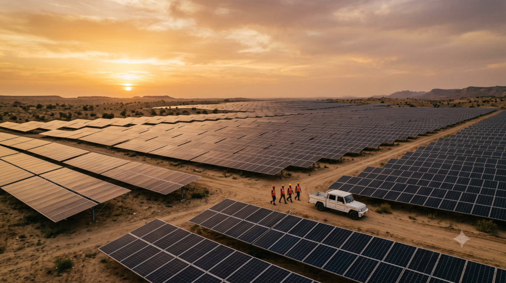A wide-format editorial photograph of a massive solar panel field in Rajasthan, India