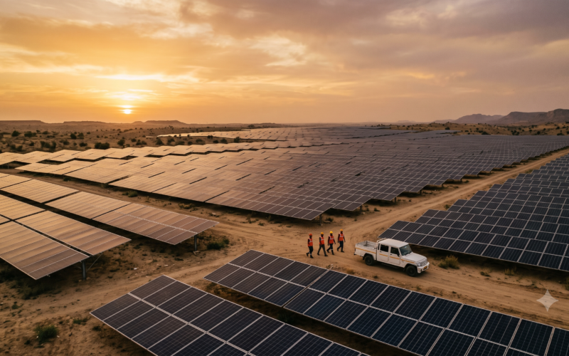 A wide-format editorial photograph of a massive solar panel field in Rajasthan, India