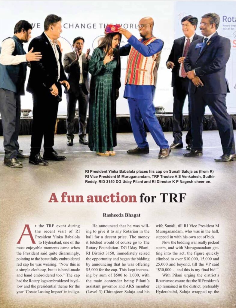 Rotary News magazine page, October 2026, featuring the Rotary Club of Lake District Moinabad at the TRF fundraising auction in Hyderabad